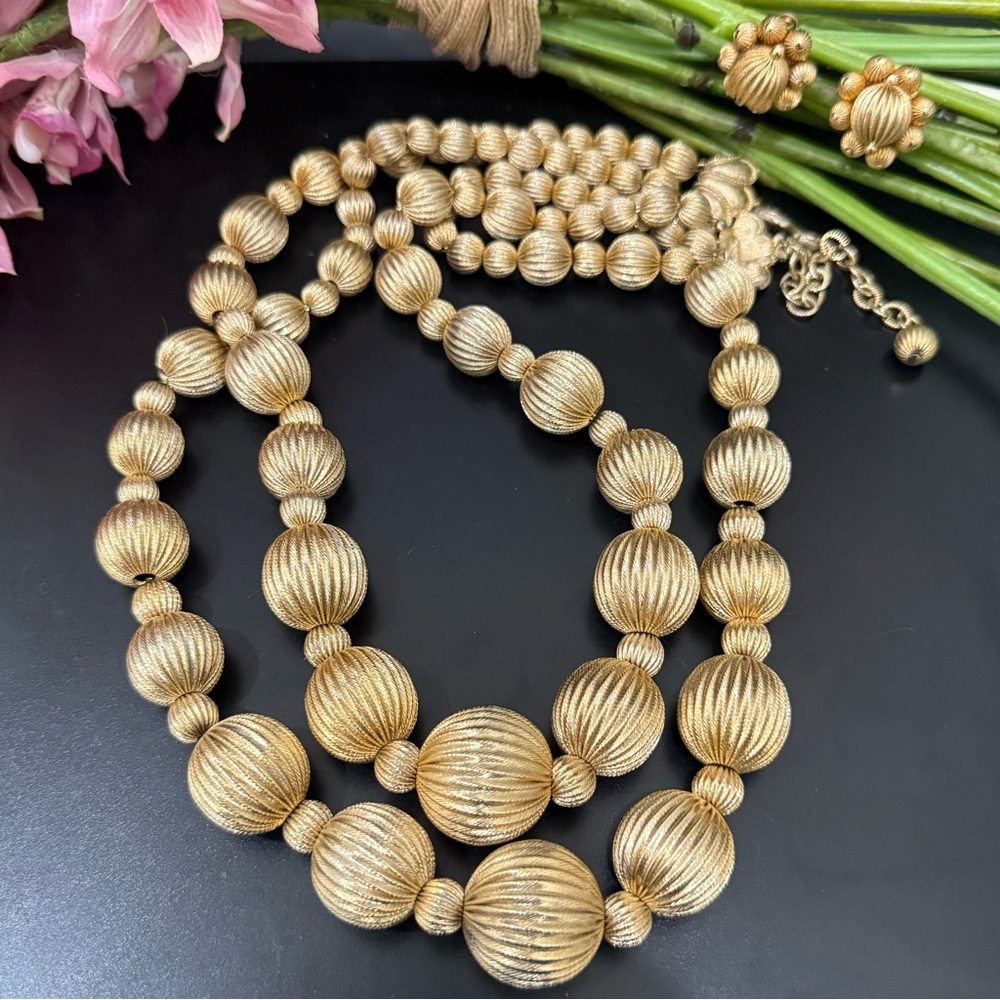 Vintage VENDOME Goldtone Double Strand Ribbed Melon Satin Necklace Earrings Set